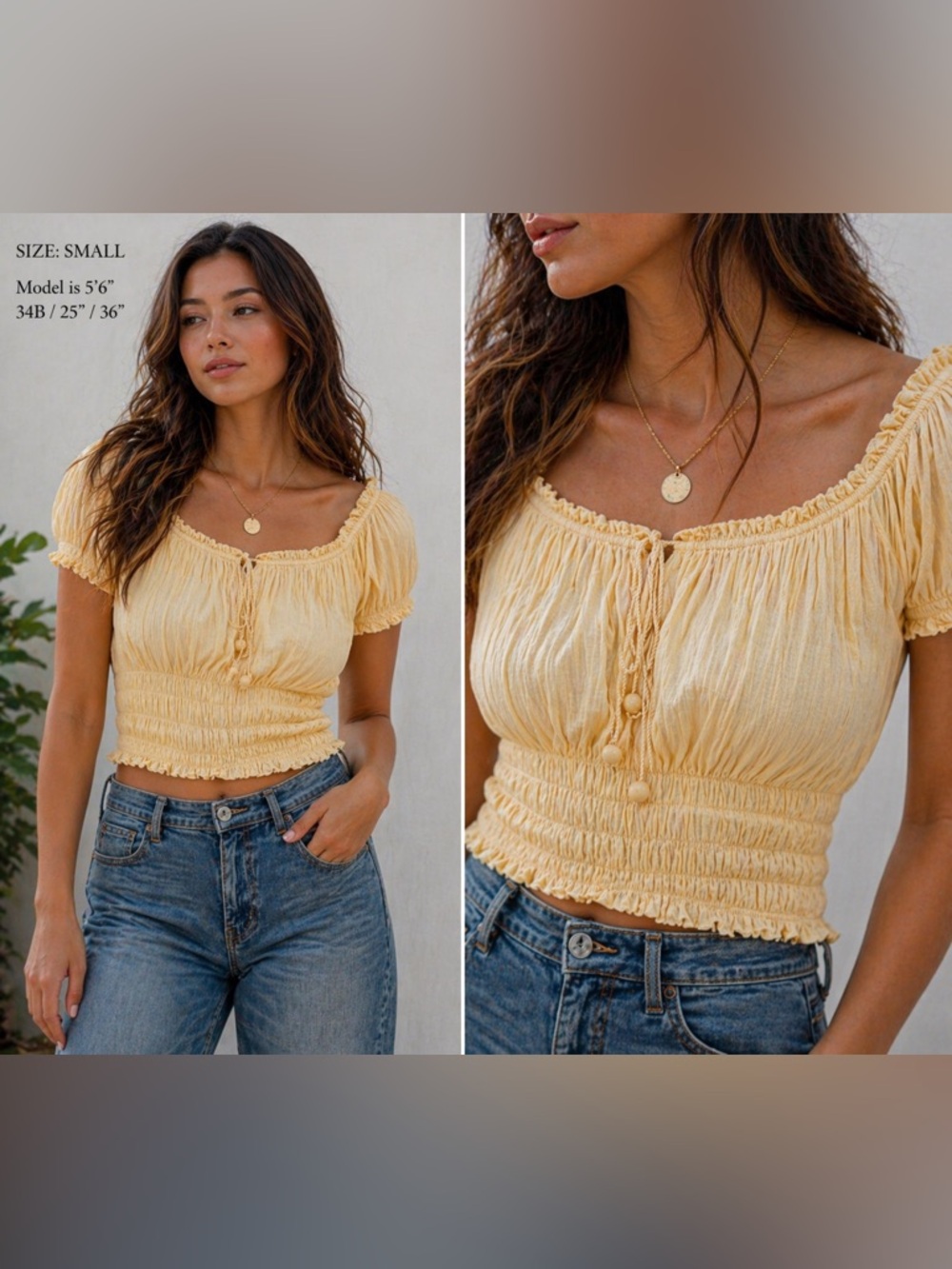 Self Esteem Yellow Smocked Peasant Top Small Boho Western Cottagecore NWT